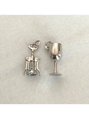 VTG Beau Sterling Silver 925 3D Wine Glass Cork Screw Wine Bottle Opener Charms